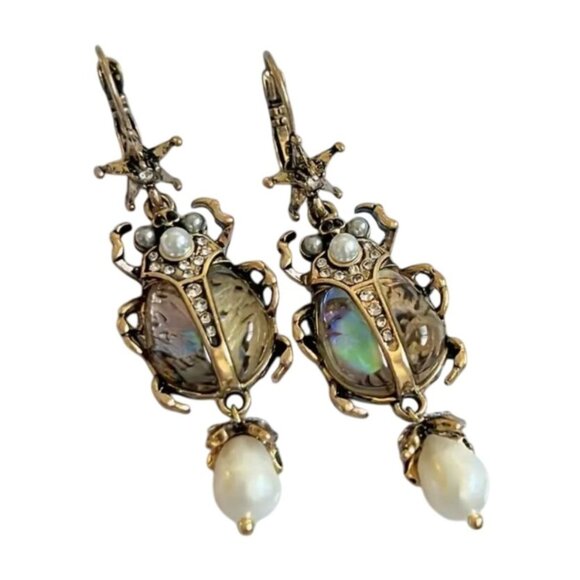 Beetle Earrings with Imitation Pearl Accents Gold Tone Long Dangles - Picture 1 of 2